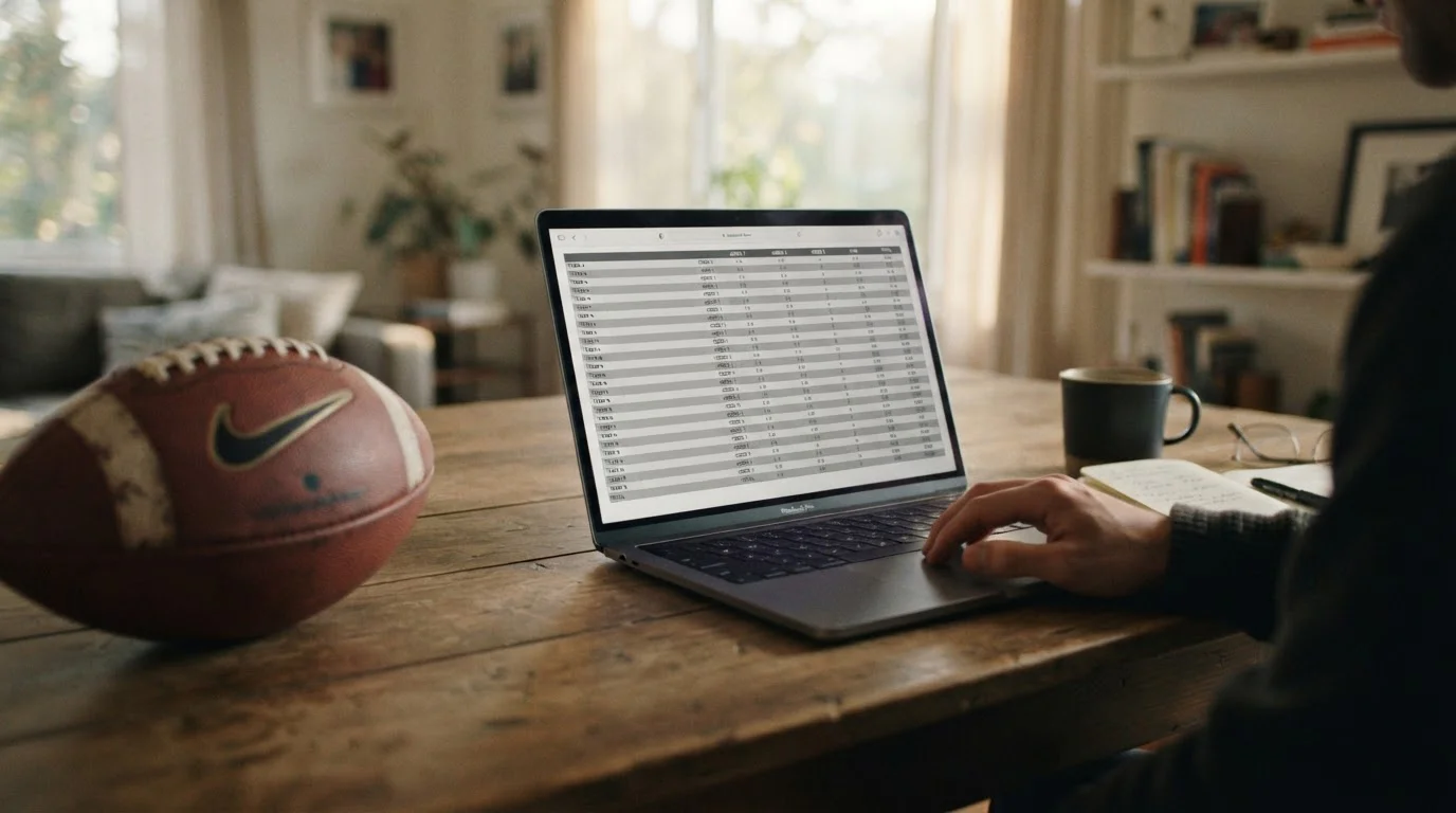 Torschützenkönig-Wetten analysieren: Laptop zeigt neutrale Wettquoten-Tabelle mit Fußball im Hintergrund