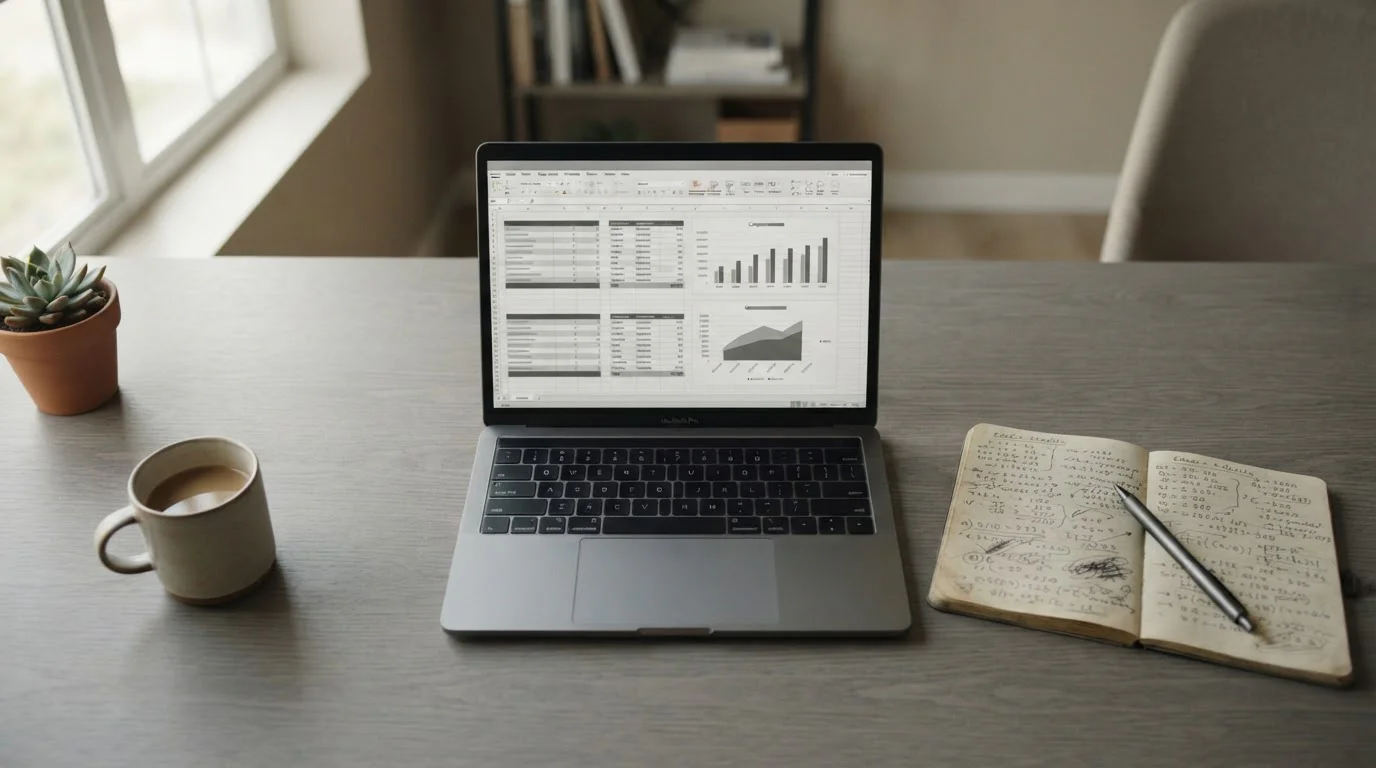 Neutraler Arbeitsplatz mit Laptop und Dokumenten zur Analyse von Wettanbieter-Bonusbedingungen