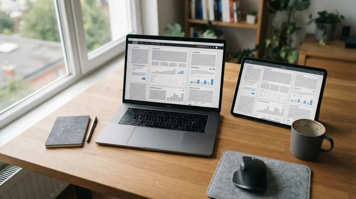 Arbeitsplatz mit Laptop und Tablet für Recherche zu Wettanbieter-Bonusbedingungen