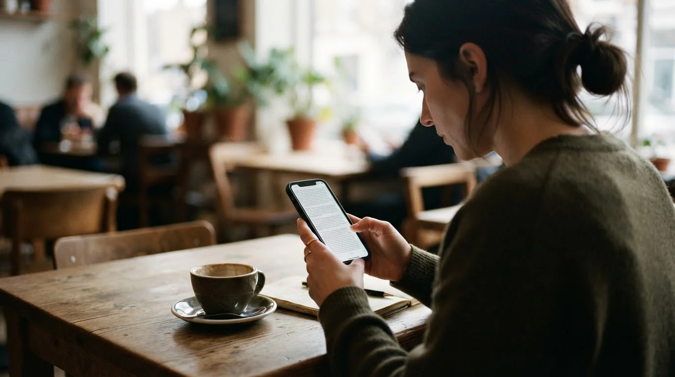 Person liest Bonusbedingungen auf einem Smartphone