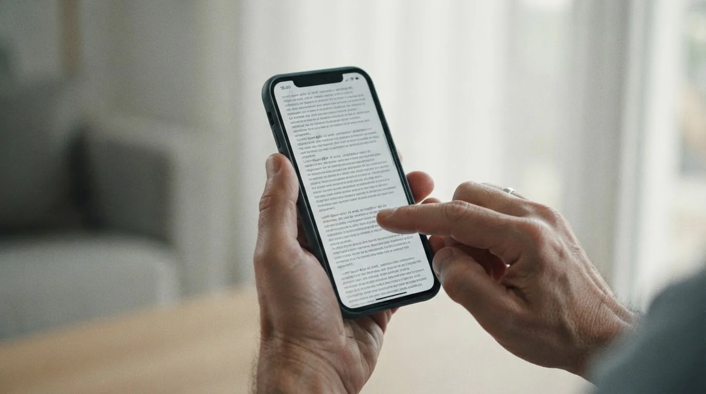 Nahaufnahme: Hände halten Smartphone mit Darstellung von Geschäftsbedingungen