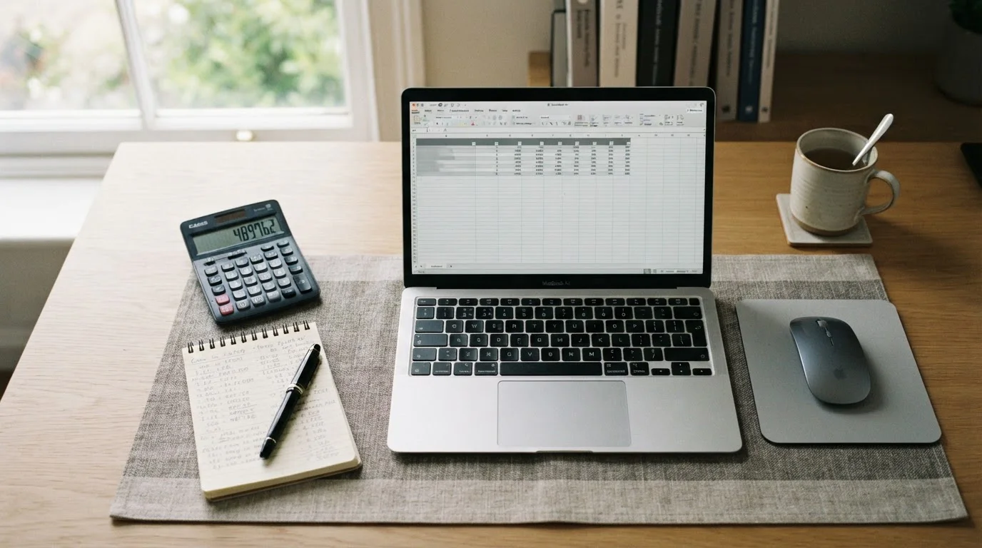Person analysiert Wettgutschein-Bedingungen am Laptop mit Taschenrechner