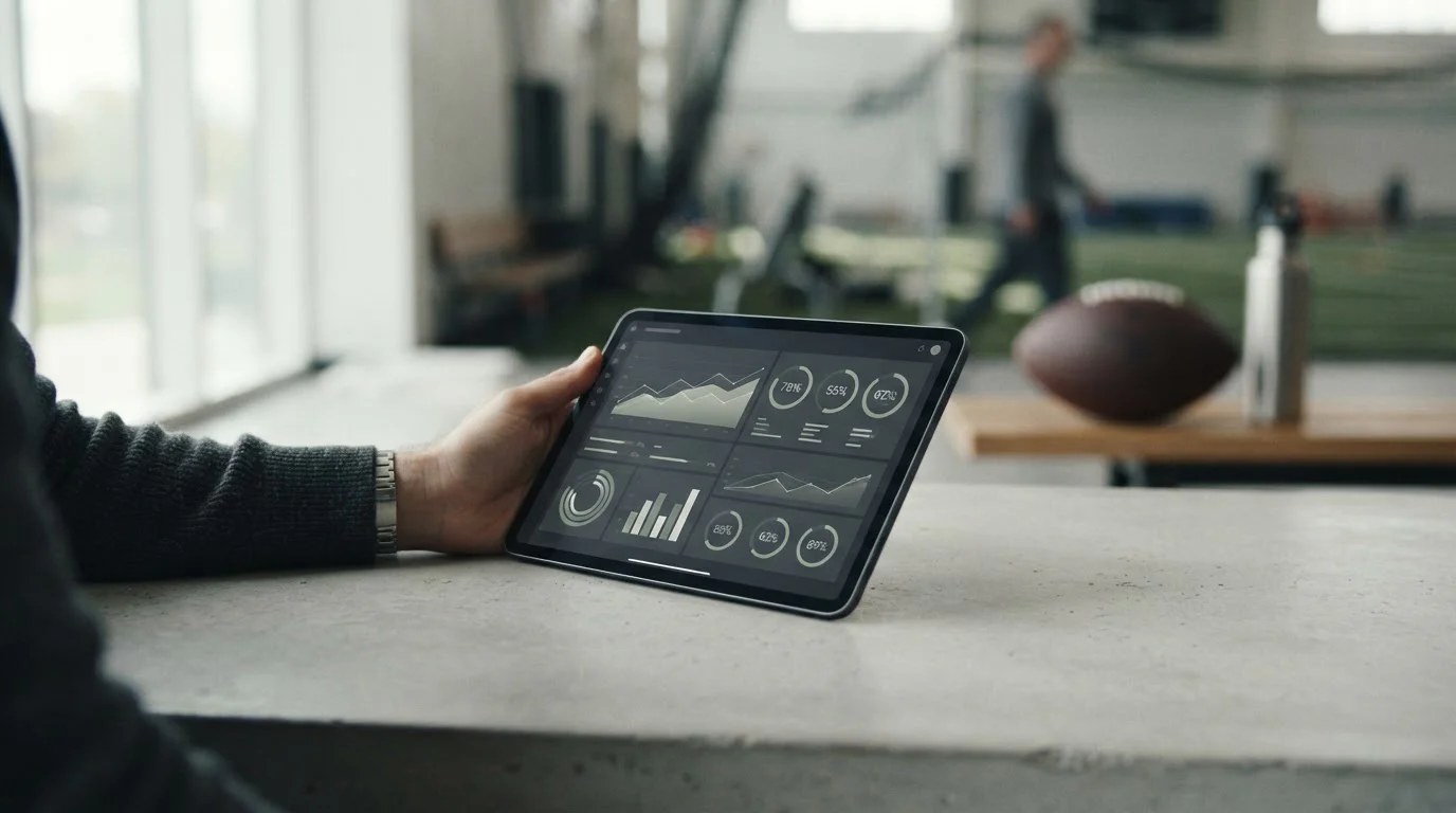 Tablet zeigt Wettquoten-Analyse mit Fußball im Hintergrund