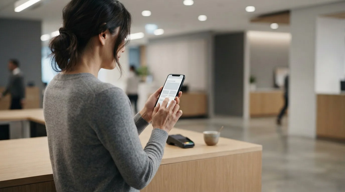 Person prüft Smartphone mit neutraler App-Oberfläche an einem Serviceschalter