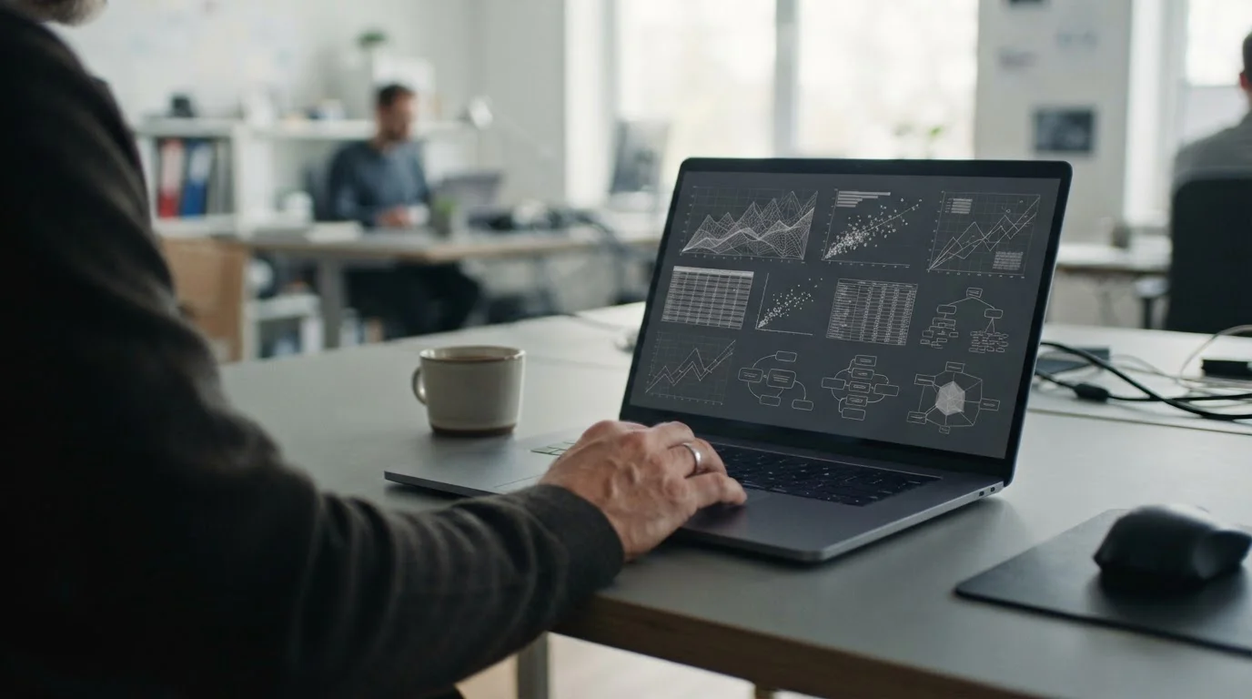 Laptop mit abstrakten Datenmodellen und statistischen Grafiken für Wettanalyse