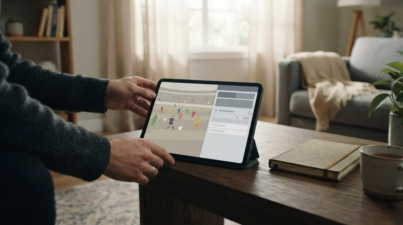 Tablet mit Live-Sportwettoberfläche während eines Fußballspiels