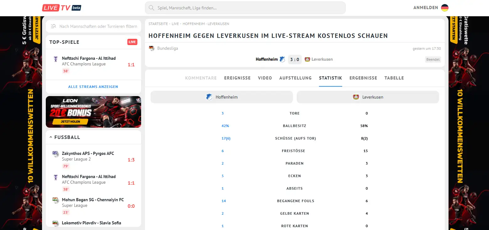 Spielseite von LiveTV mit Ergebnis, Statistik und Vergleichsdaten zu einem Fußballmatch