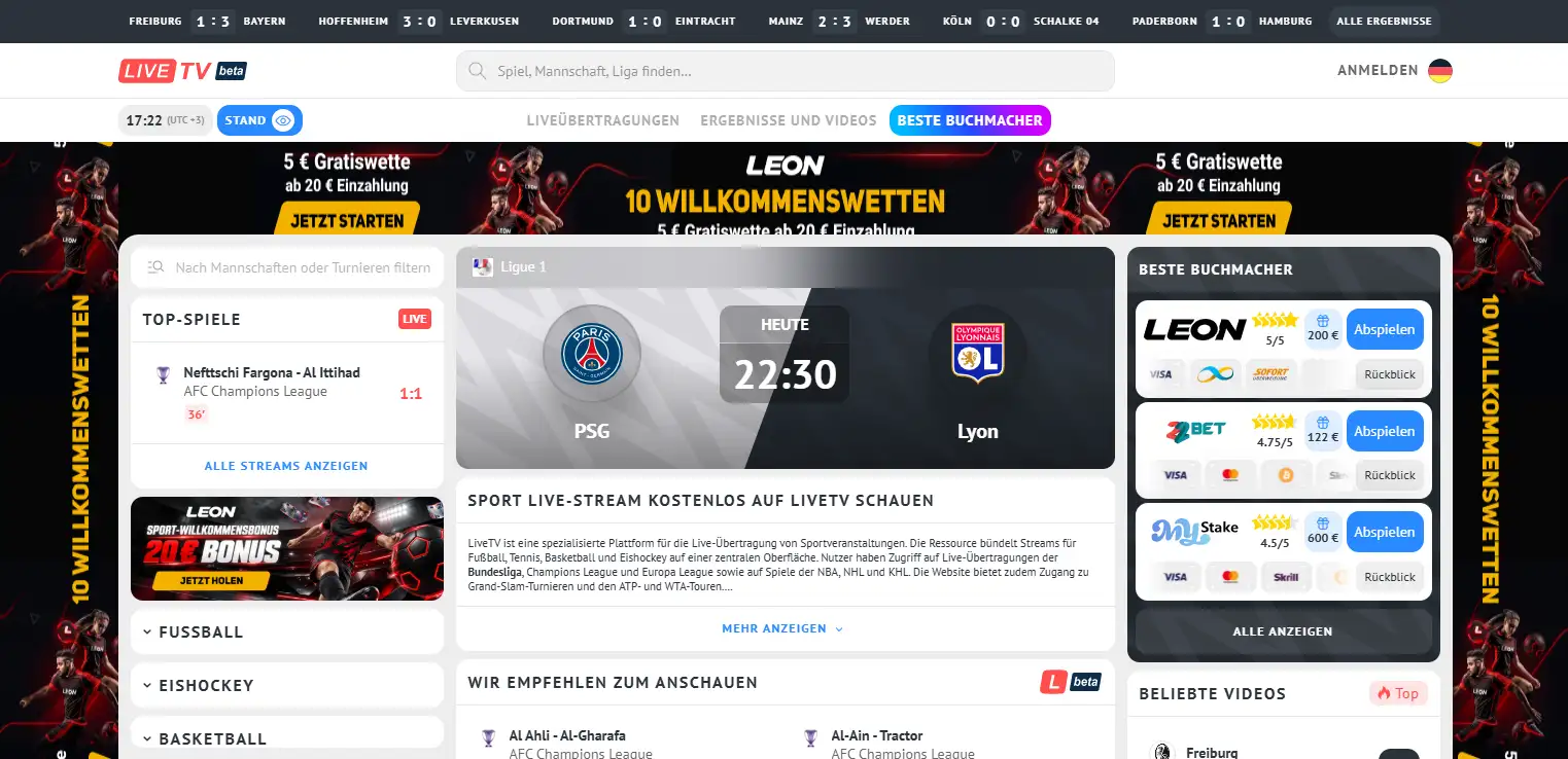 Startseite von LiveTV mit Liveticker, Spiel-Widgets und Sprachauswahl