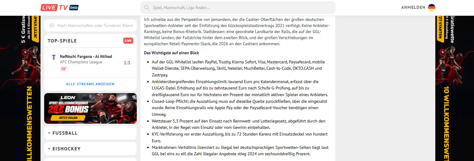 Übersicht der Zahlungsmethoden in den Ratgebern von LiveTV