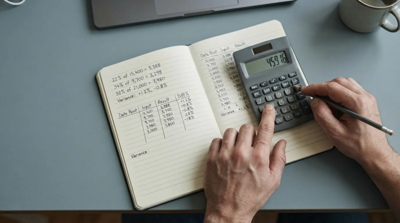 Taschenrechner und Notizbuch mit mathematischen Berechnungen zur Wettmarge
