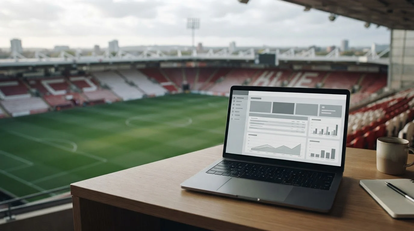 Fußballstadion und digitale Wettquoten-Analyse im Hintergrund