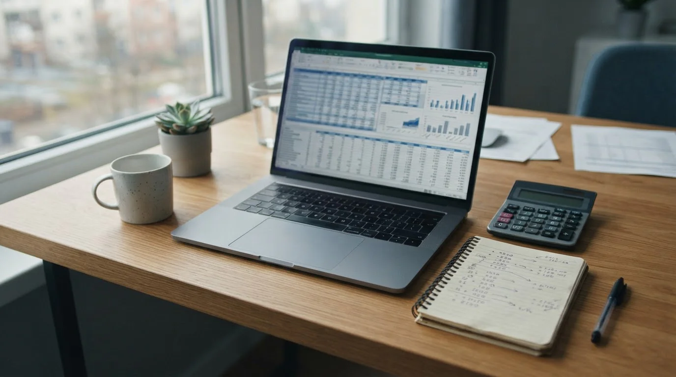 Analytischer Arbeitsplatz mit Laptop und Taschenrechner für professionelle Wettanalyse