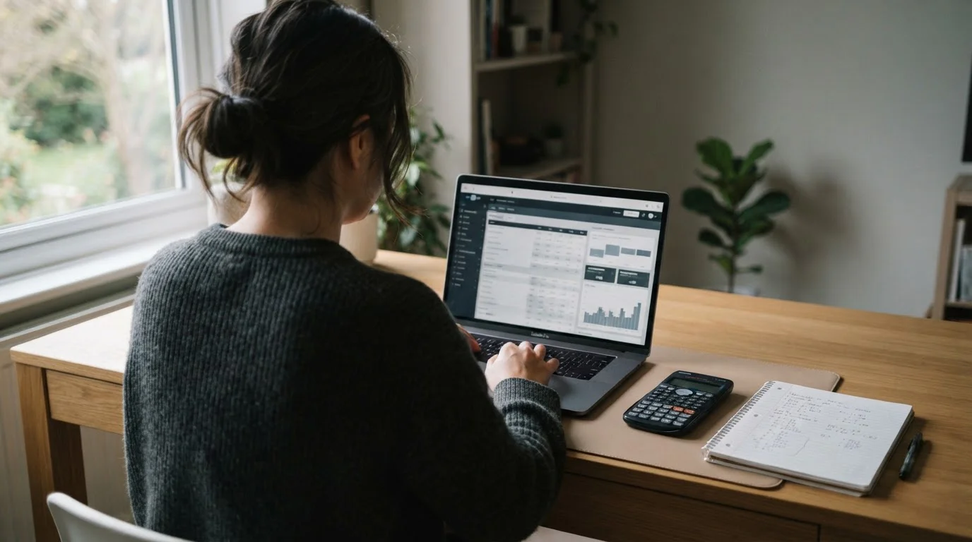 Person analysiert Sportwetten-Quoten am Laptop mit Taschenrechner und Notizen