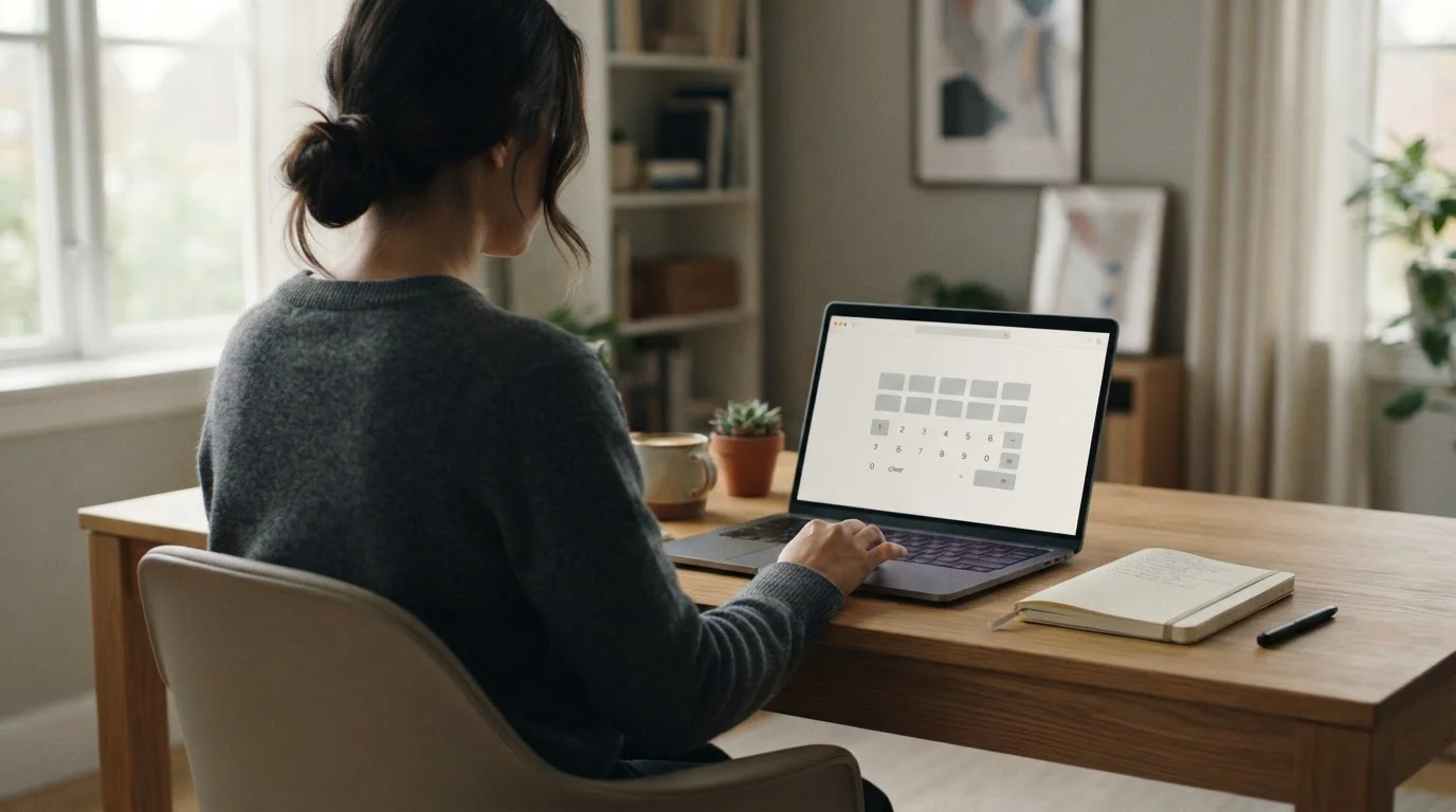 Person arbeitet an Laptop mit abstraktem Quotenrechner für Sportwetten
