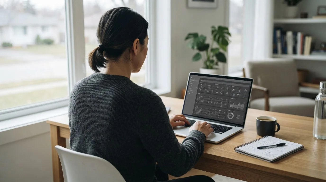 Person analysiert Sportwetten-Statistiken am Laptop in ruhiger Arbeitsumgebung