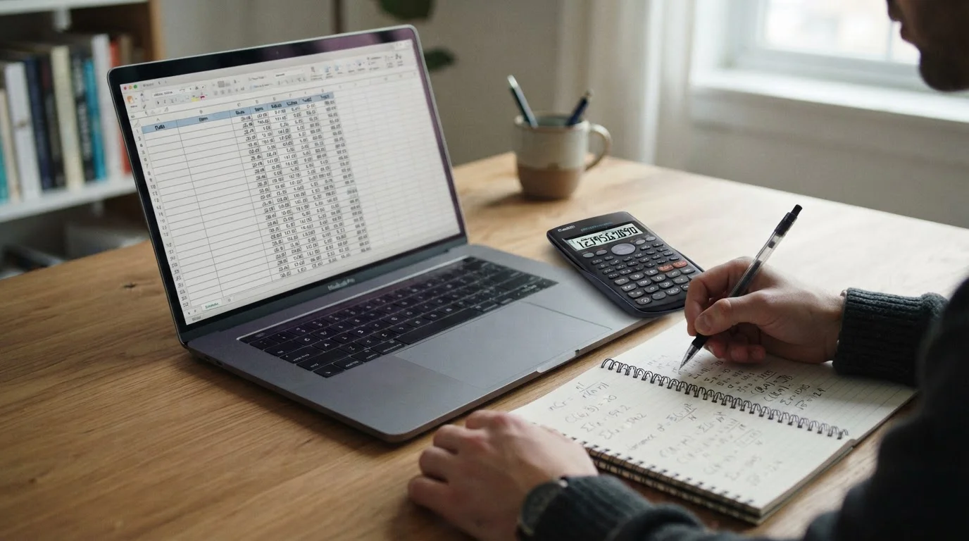 Arbeitsplatz mit Taschenrechner und Excel-Tabelle zur Berechnung von Systemwetten-Kombinationen