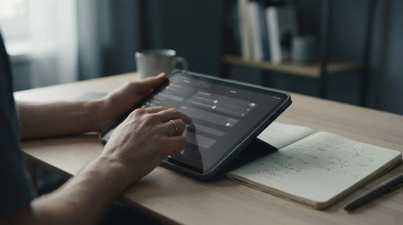 Ruhige Szene mit Person, die Limits auf einem Tablet setzt, neben Notizen mit Berechnungen