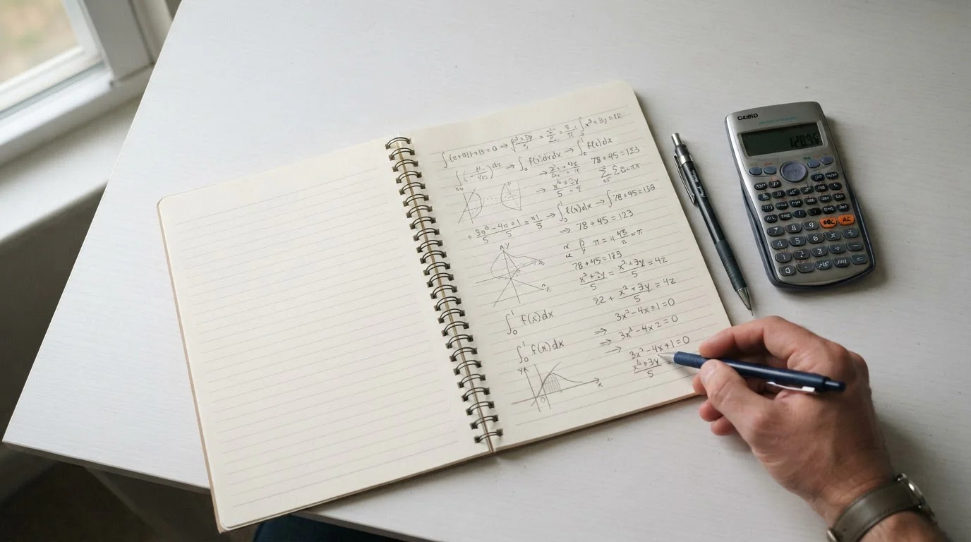 Handschriftliche Berechnungen und Formeln auf Notizbuch neben Taschenrechner