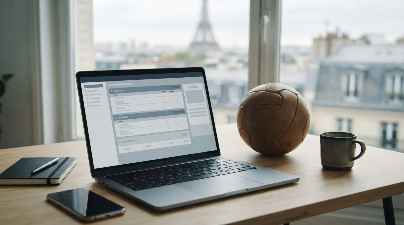 Analytischer Arbeitsplatz mit Laptop und Ligue-1-Wettquoten auf dem Bildschirm