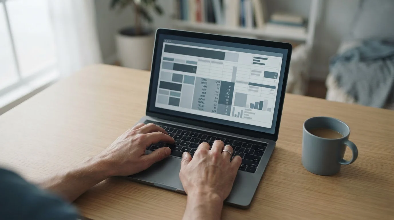 Person analysiert Wettquoten und Einsätze mit digitalem Rechner auf Laptop