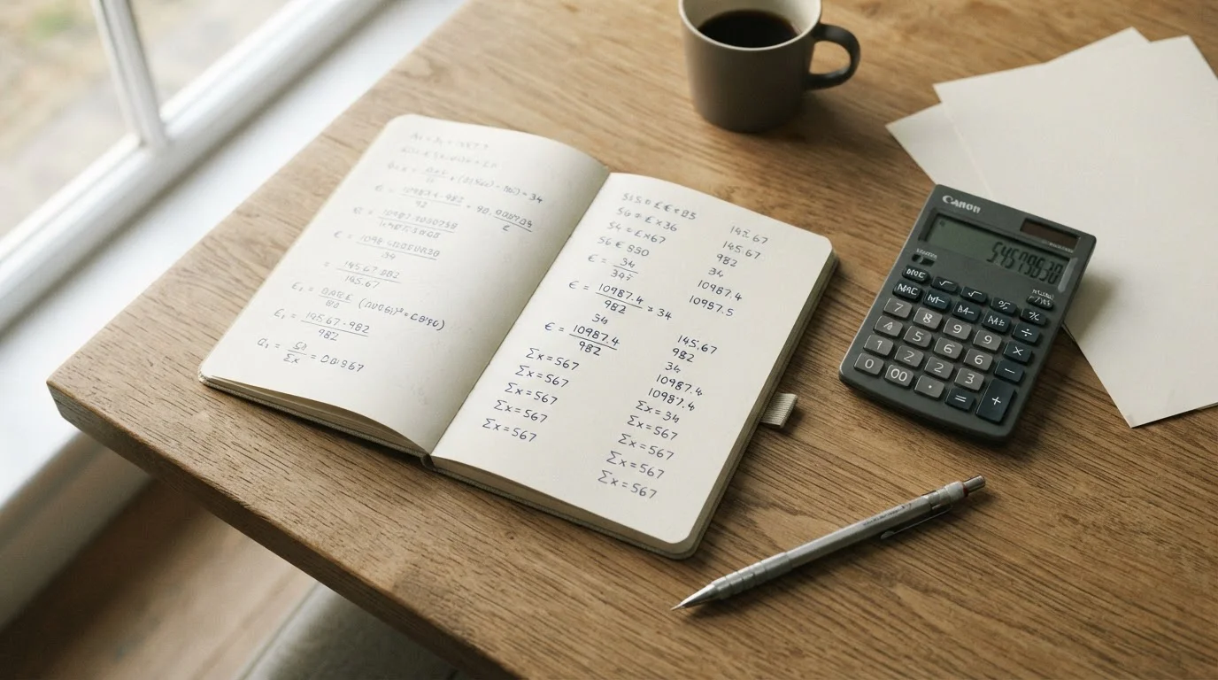 Taschenrechner und Notizbuch mit handschriftlichen Berechnungen