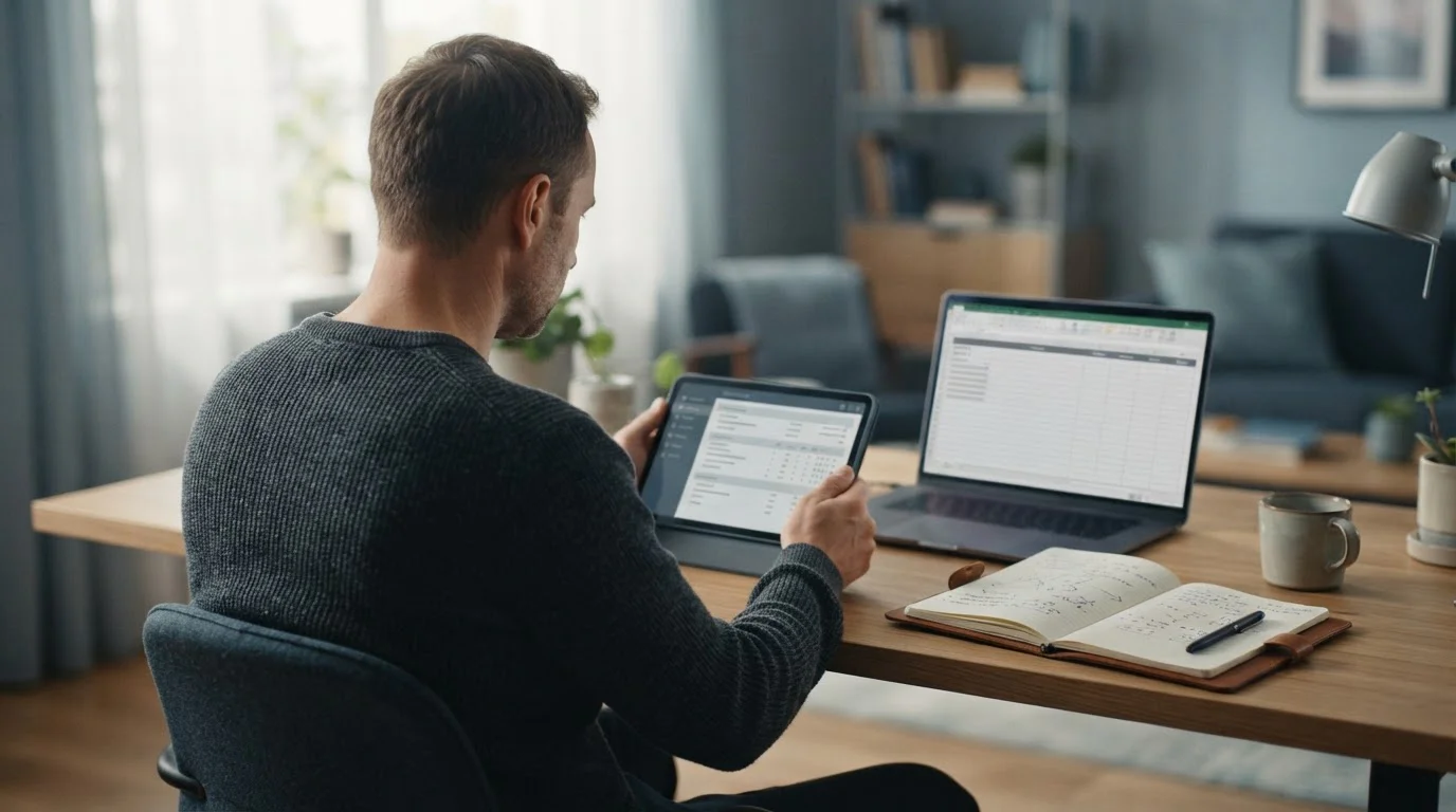 Person analysiert Wettoptionen auf Tablet mit Notizen und neutraler Tabellenansicht
